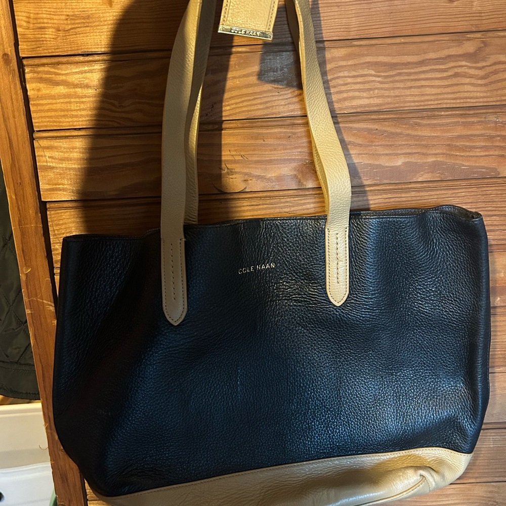 Cole Haan Black and Cream Leather Tote